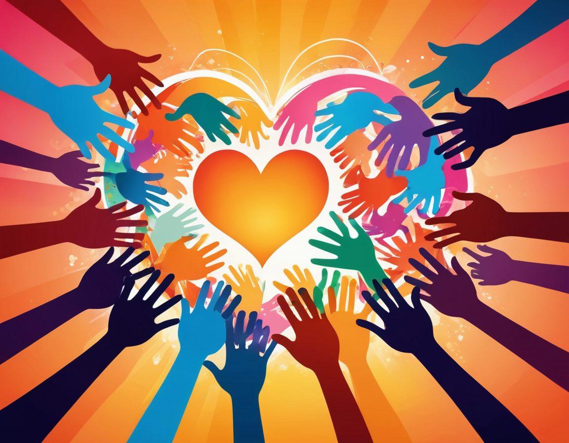A vibrant heart symbol intertwined with diverse hands, representing love and unity. In the background, abstract silhouettes of people engaging in community activities, showcasing public sentiment in action. Soft, warm colors to evoke feelings of compassion and connection. Elements like speech bubbles and social media icons to signify engagement strategies. super-realistic. vibrant colors.