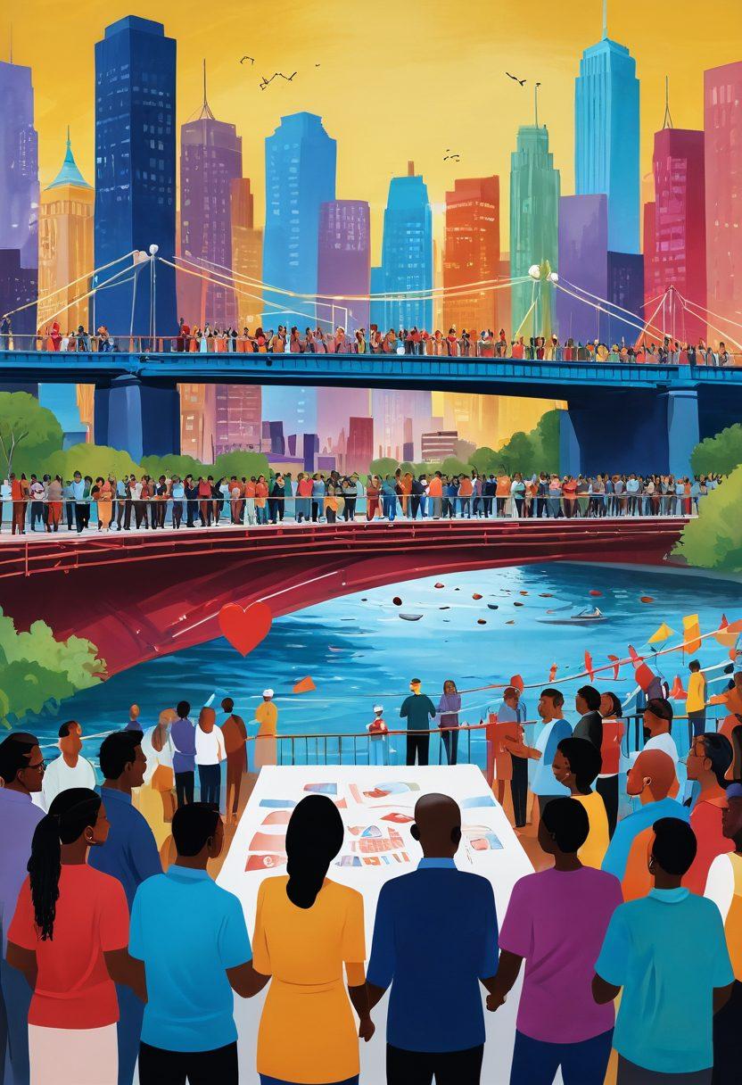 A lively scene depicting diverse groups of people joyfully interacting at a community voting event, with colorful bridges symbolizing connection and participation. Elements of affection such as heart symbols and warm interactions are integrated into the environment. Include a backdrop of a vibrant cityscape, emphasizing inclusivity and unity. super-realistic. vibrant colors. community art style.
