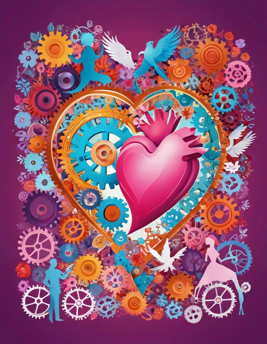 A heart made of vibrant gears and cogs, symbolizing the connection between love and business, surrounded by figures engaging in lively discussions and community activities. The background features soft pastel colors blending with motifs of romance, such as roses and doves, intertwining with graphs and charts. The composition exudes warmth and positivity, illustrating the impact of romance on business and community engagement. vibrant colors. super-realistic.